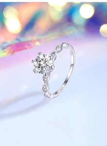 Détail macro de la bague moissanite six griffes en argent S925 avec anneau serti ondulé