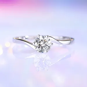 Minimalist 925 Sterling Silver Ring For Women Round Moissanite Zirconia Twisted Bypass Band Adjustable Jewelry