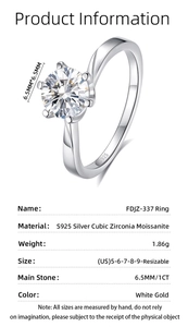 Macro shot of 1ct six-prong moissanite ring with S925 hallmark and detailed specs
