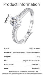 Detailed spec sheet of S925 silver ring featuring 0.5ct moissanite and 6-prong setting
