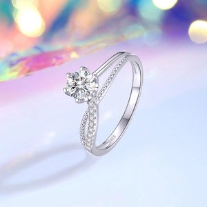 Anello classico in argento sterling S925 con moissanite a sei griffe e fascia a treccia