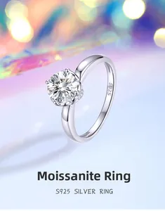 Macro shot of 1ct Moissanite diamond ring in S925 sterling silver six-prong setting