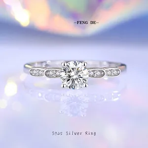 925 Sterling Silver Moissanite Ring Round Cut D Color Four Prong Setting Zirconia Wavy Band Engagement Ring For Women Wedding Jewelry