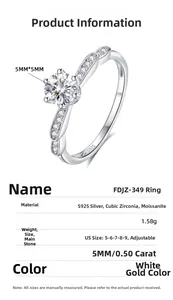 Detailed spec sheet of S925 silver six-prong 0.5ct moissanite adjustable ring