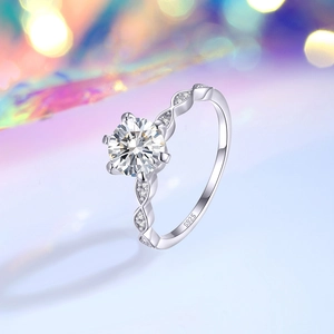 Bague moissanite en argent S925 avec six griffes et anneau torsadé serti de diamants