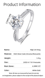 Fiche technique détaillée de la bague en argent S925 moissanite 1CT avec dimensions