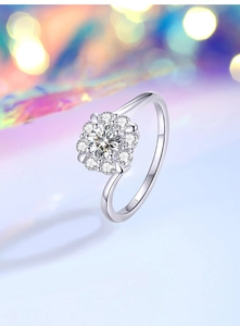 Detail of S925 sterling silver ring featuring a floral cluster of moissanite stones