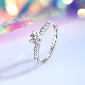 Elegant S925 sterling silver ring with round moissanite stone and wavy pavé band