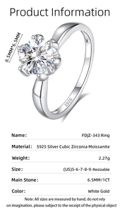 Macro shot of S925 sterling silver 1ct moissanite ring with six-prong flower setting