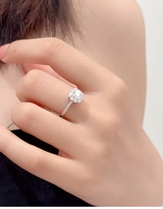 Close-up of S925 sterling silver ring with 0.5ct Moissanite halo cluster on hand
