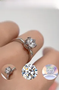 Macro shot of silver ring featuring six-prong moissanite setting and polished band detail