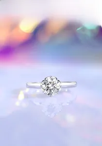 Detailed view of 1ct Moissanite diamond ring in S925 sterling silver with four-prong setting