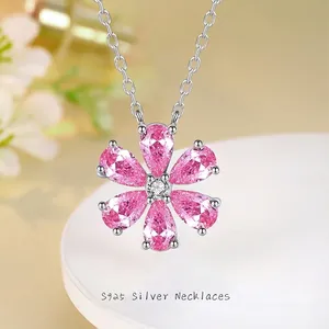 Collar con Colgante de Flor de Plata de Ley S925 con Zirconia Rosa Púrpura Blanca Incrustada Collares Florales para Mujer Joyería de Regalo