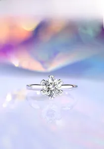 Macro shot of a six-prong silver ring featuring a round brilliant-cut moissanite stone