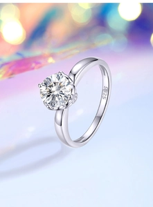 Macro shot of 1ct moissanite S925 silver ring featuring classic six-prong setting detail