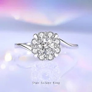 925 Sterling Silver Moissanite Zirconia Flower Ring For Women Minimalist Cluster Inlaid Adjustable Ring Setting Elegant Jewelry