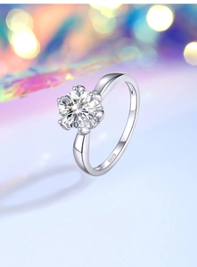 Macro shot of S925 sterling silver stamp on a six-prong flower moissanite ring