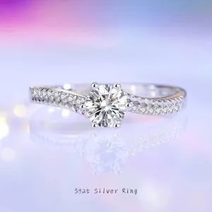 Classic 6-Prong 925 Sterling Silver Moissanite Ring For Women Sparkling Round Cut Zirconia Engagement Adjustable Jewelry