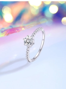 Macro shot of S925 sterling silver stamp and six-prong moissanite ring detail
