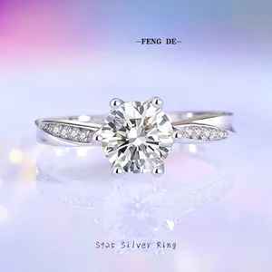 Bague Élégante en Argent Sterling 925 Moissanite Zirconia Sertie à Six Griffes Alliance de Mariage pour Femmes