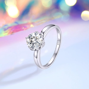 Classic 1ct Moissanite S925 silver ring with six-prong setting on luxury purple background