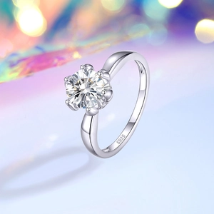 Sparkling S925 sterling silver flower ring with round moissanite in six-prong setting