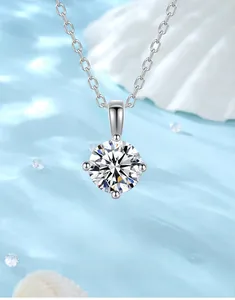 Detailed view of S925 silver necklace with 5mm round moissanite on a wave background