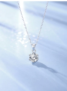 Detail of 5mm round moissanite pendant with classic six-prong setting on S925 silver chain