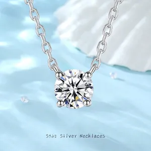 925 Sterlingsilber Solitär Moissanit Halskette Rund-Brillantschliff Zirkonia Anhänger Schlüsselbeinkette Damen Schmuck