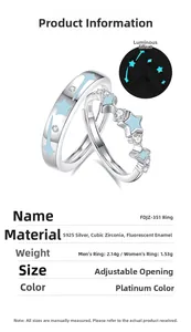 Detailed specs of S925 sterling silver couple rings with fluorescent effect and zircon
