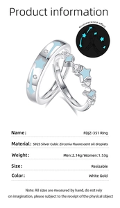 Detailed spec sheet showing S925 sterling silver couple rings with blue luminous star detail