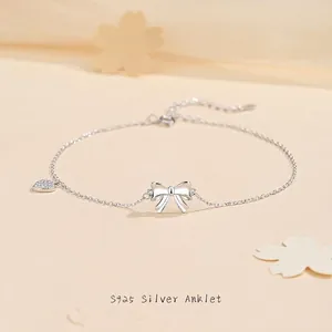 925 Sterling Silver Bow Heart Anklet For Women Zirconia Inlaid Simple Delicate Adjustable Foot Chain Jewelry Gift