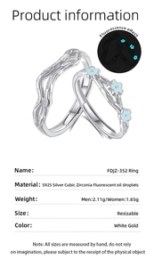 Detail of S925 silver adjustable rings with floral design and glowing fluorescence effect