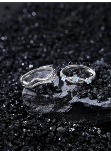 Macro shot of S925 silver couple rings featuring textured branch design and blue floral enamel