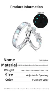 Detail view of S925 sterling silver couple rings showing luminous stars and specifications