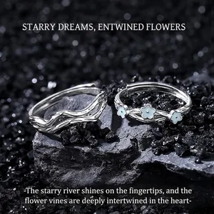 S925 Sterling Silver Couple Rings Luminous Enamel Flower Design Adjustable Open Band Rings For Women Men Jewelry