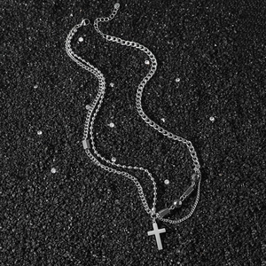 Collier double épaisseur en acier inoxydable avec chaîne cubaine et pendentif croix chic