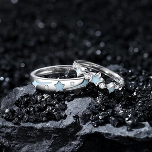 S925 sterling silver couple rings with starry sky meteor design and blue enamel inlay