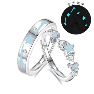 S925 sterling silver luminous couple rings with blue star pattern and CZ stones