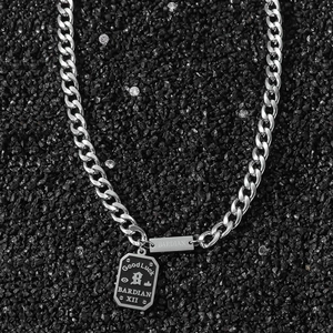 Men's stainless steel Cuban chain necklace with black rectangle Good Luck pendant