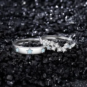 S925 Sterling Silver Luminous Star Couple Rings Starlit Blossom Zirconia Inlaid Adjustable Open Finger Ring Fashion Jewelry