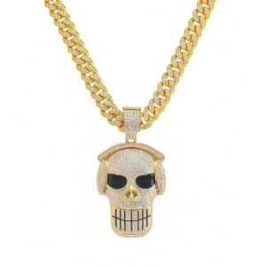 Men's hip hop skull pendant necklace with iced out crystals and golden Cuban chain