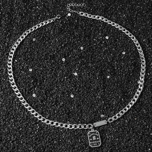 Men's silver stainless steel Cuban chain necklace with Good Luck engraved square pendant