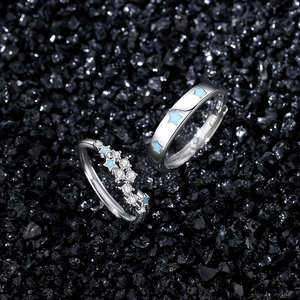 S925 sterling silver couple ring set with blue stars and crystals on dark stones