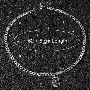 Mens stainless steel silver cuban chain with engraved square pendant on black stones