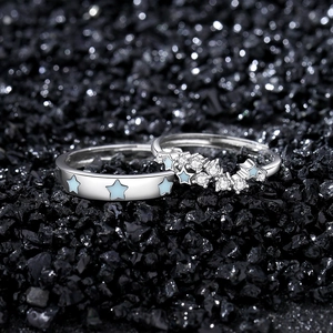 S925 Sterling Silver Star Night flower couple rings with blue stars on starry background