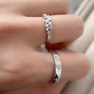 S925 sterling silver star rings set for couples with blue stones and crystals
