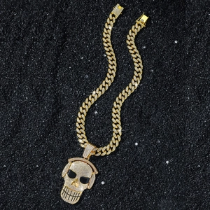 Hip Hop Men Iced Out Skull With Headphones Pendant Necklace Zinc Alloy Rhinestone Cuban Link Chain Fashion Jewelry