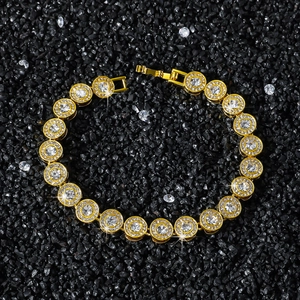 8mm gold hip hop tennis bracelet featuring continuous round cubic zirconia links with fold clasp