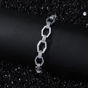 Men's hip hop geometric stainless steel link chain bracelet with a polished silver finish